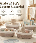 No Sweat Cotton Fabric Storage Baskets 4 Pack Organizers For Shelf And Cabinet White Khaki with soft toys and books.