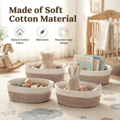 No Sweat Cotton Fabric Storage Baskets 4 Pack Organizers For Shelf And Cabinet White Khaki with soft toys and books.