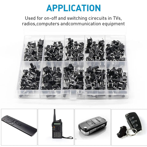 Micro Momentary Tactile Push Button Switch Kit Dope 200 Pc Assortment in box with application examples.
