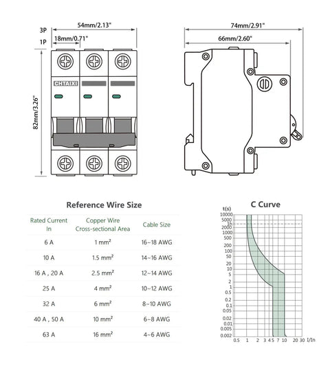 Diagram of Three Pole DIN Rail Mount Circuit Breaker 50 Amp 480V AC with dimensions, wire size, and magnetic curve C50 data.