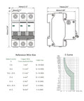 AC 3 Pole Circuit Breaker 480V 16 Amp For Your Main Panel Protects 480Y 277V Circuits From Overload And Short Circuit Curve C Magnetic Trip 5 To 10 Times Rated Current With Silver Alloy Contacts And Flame Retardant Shell., 3-pole DIN rail breaker dimensions and C-curve chart