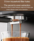 Next Level Counter Slick Semi Automatic Espresso Machine Featuring Precision Temperature Control And Pro Milk Frothing Steam Wand Pumps Out Crisp Brews For Your Daily Grind with 51mm filter extracting espresso.