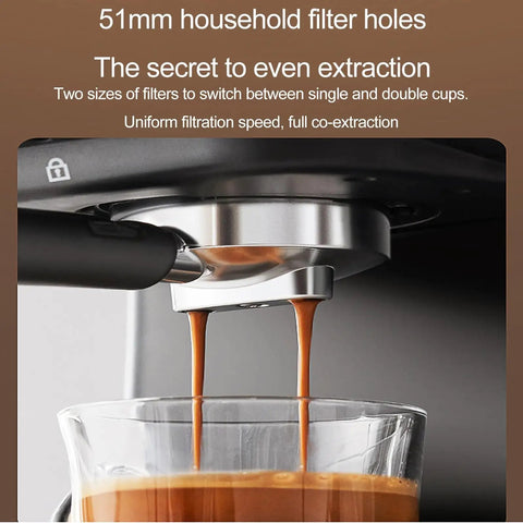 Next Level Counter Slick Semi Automatic Espresso Machine Featuring Precision Temperature Control And Pro Milk Frothing Steam Wand Pumps Out Crisp Brews For Your Daily Grind with 51mm filter extracting espresso.