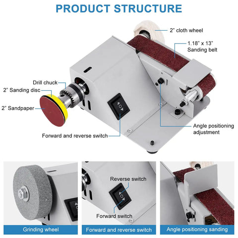 Straight Shooting Mini Electric Belt Sander With Built In Angle Gauge For Zero Sweat Knife Sharpening And Quick Wood Metal Stone Grinding Jobs Around The House showing detailed product structure with features.