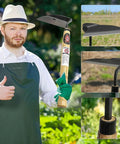 Versatile Hand Weeding Tool With T And L Shaped Blades 13x33cm in garden, composite steel, wood handle, held by gardener