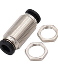 Close-up of Push To Connect Bulkhead Tube Fitting 3 Eighth Inch OD Stainless Steel Double Threaded Pack Of Five High Pressure Fittings With NPT Threads