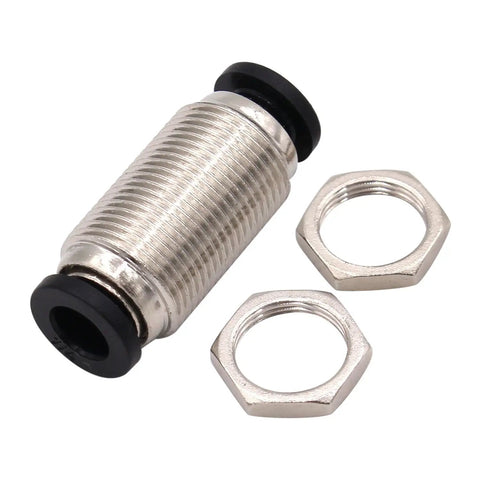 Close-up of Push To Connect Bulkhead Tube Fitting 3 Eighth Inch OD Stainless Steel Double Threaded Pack Of Five High Pressure Fittings With NPT Threads