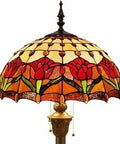 Tiffany Style Floor Lamp With Red Amber Tulip Flower Stained Glass shade, intricate rose design and bronze base detail