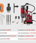 Heavy Duty 1.57 Inch Magnetic Drill Press Featuring Kickin 13000N Hold And Variable Speed Control Portable Electric Mag Drill with accessories.