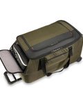 Briggs & Riley 27-inch ZDX duffle, olive green softside rolling luggage with wheels and front pocket.