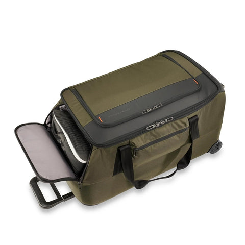 Briggs & Riley 27-inch ZDX duffle, olive green softside rolling luggage with wheels and front pocket.
