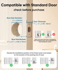 Installation guide for No Sweat Biometric Fingerprint Door Lock with bore hole dimensions and door compatibility.