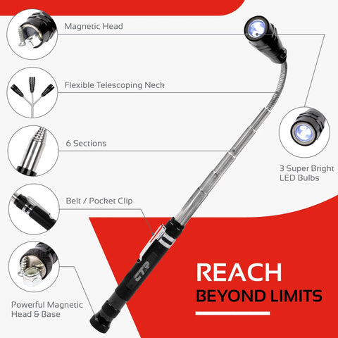 Telescoping Magnetic Pickup Tool Kit With Super Bright COB LED Square Inspection Mirror And Flexible Magnet Flashlight features.