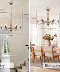 Six Light Distressed White French Country Candle Chandelier in entry and dining room settings, dimensions illustrated
