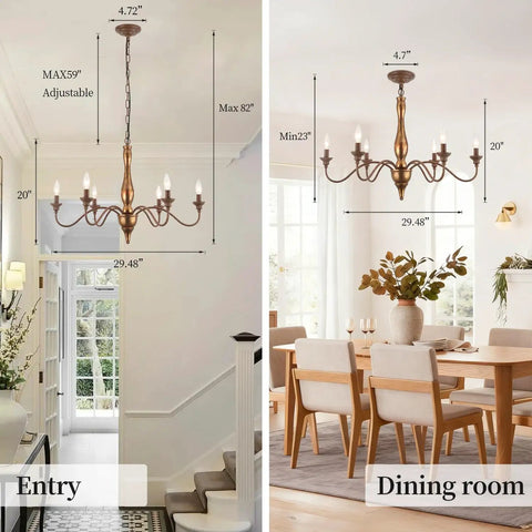 Six Light Distressed White French Country Candle Chandelier in entry and dining room settings, dimensions illustrated