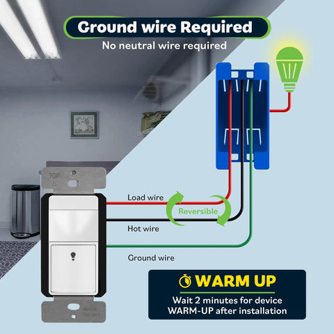 Motion Sensor Switch With PIR Ambient Light Level, Occupancy And Vacancy Modes; ground wire illustration, white switch, blue diagram
