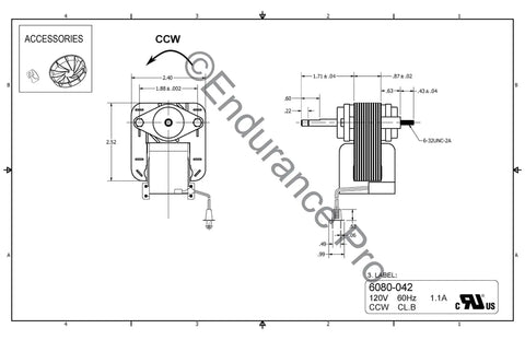 Technical diagram of Replacement Bathroom Fan Motor And Blower Wheel For 70 CFM 120V Exhaust Vents 60 Hz 3000 RPM CCW 1.1 Amp