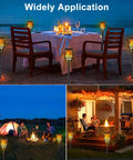 Collage showing Solar Torch Lights Outdoor 43 Inch Flickering Flame Garden Lights Waterproof Landscape Lighting used in various settings.