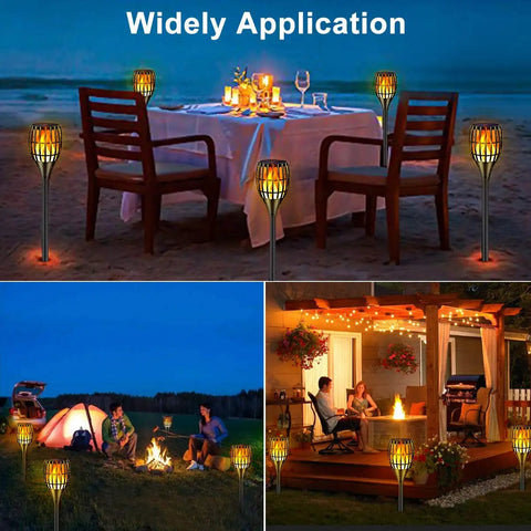 Collage showing Solar Torch Lights Outdoor 43 Inch Flickering Flame Garden Lights Waterproof Landscape Lighting used in various settings.