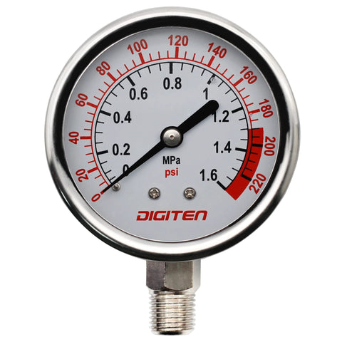 DIGITEN water pressure gauge front view, 0–1.6 MPa (0–220 psi), 1/4 in NPT connection