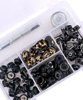 Beefy All Weather Marine Grade Canvas And Upholstery Boat Snap Button Fastener Kit With Brass Nickel Plated Snaps And Stainless Steel Screws, 40 Sets With Setting Tools, Durable Black in a sectioned plastic container.