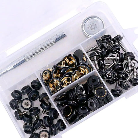 Beefy All Weather Marine Grade Canvas And Upholstery Boat Snap Button Fastener Kit With Brass Nickel Plated Snaps And Stainless Steel Screws, 40 Sets With Setting Tools, Durable Black in a sectioned plastic container.