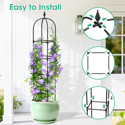 Two Pack Garden Obelisk Trellis For Climbing Plants 71 Inch Tall Metal Heavy Duty Rustproof Plant Support Rose Trellis Tower Garden Cage For Flowers Fruits Vegetables Vines Indoor And Outdoor Black Four Tier Adjustable Height shown with assembly details and blooming flowers in pot