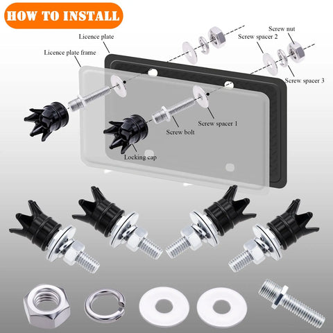 Installation guide for Badass Four Piece Crown License Plate Screws Antitheft Security Bolts with parts and diagram.