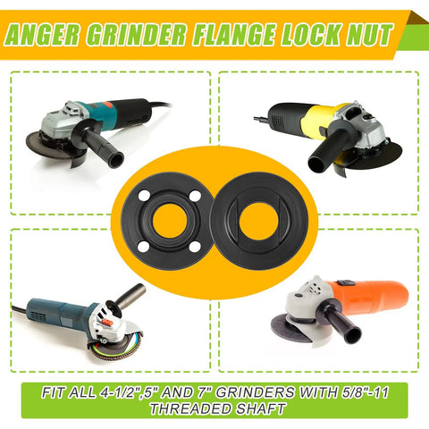 Angle Grinder Extension Shaft Kit With Flange Nuts And Wrench, 5/8-11 Adapter Set, displayed with grinders and flange lock nut.