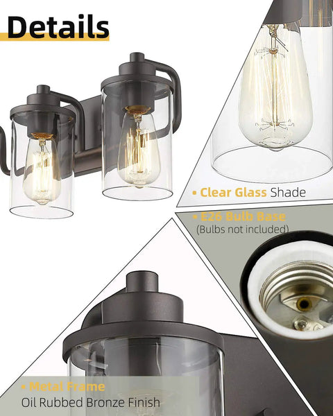 Close-up of three light farmhouse vanity light fixture for bathroom wall mount in oil rubbed bronze with clear glass shades.