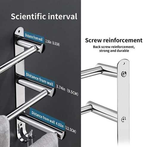 Close-up of retractable towel bar rack in stainless steel 304, adjustable 20-30 inches, wall-mounted with screw reinforcement.