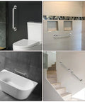 Two Pack 16 Inch Anti Slip Shower Grab Bar Handle In Chrome Stainless Steel For Bathroom Safety, Knurled Grip Hand Rail Support, Concealed Mount, Easy Install, Beefy Heavy Duty Upgrade For Elderly And Handicap, shown installed in different locations.