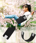 Two Pack Swing Seats With Metal Triangle Ring 30.4 By 5.9 Inch Supports 300 Lb Heavy Duty Replacement For Outdoor Playground Trees Backyard Kids And Adults Black showing a child swinging with close-ups of the black swing seat and metal triangle rings.