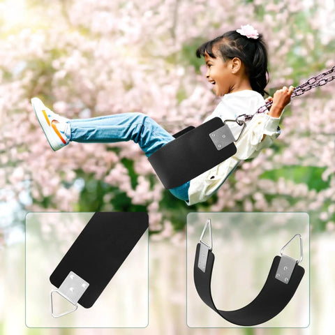 Two Pack Swing Seats With Metal Triangle Ring 30.4 By 5.9 Inch Supports 300 Lb Heavy Duty Replacement For Outdoor Playground Trees Backyard Kids And Adults Black showing a child swinging with close-ups of the black swing seat and metal triangle rings.