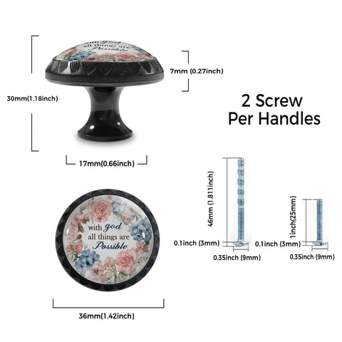 Four Pack Round Acrylic Cabinet Knobs With God All Things Are Possible Sign, size details, screws included