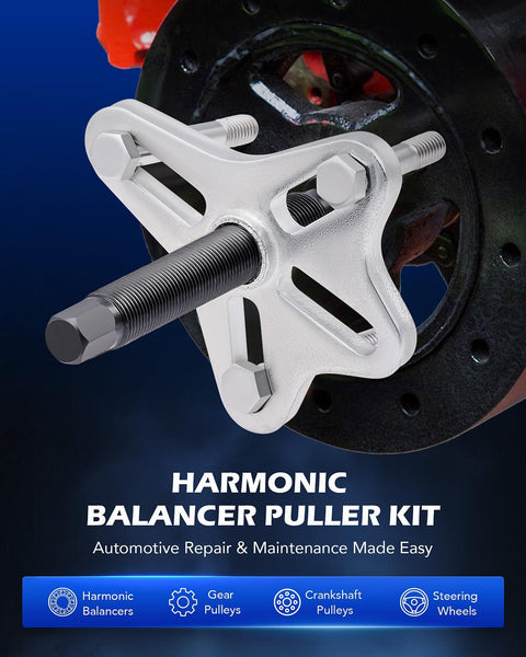 Pro Grade Harmonic Balancer Puller Kit And 49-Piece Gear Puller Set With Power Steering Pulley Installer in use on engine