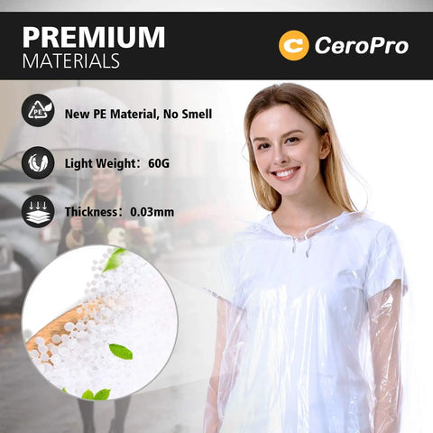 Woman wearing a Disposable Rain Ponchos For Adults, 5 Pack Clear Hooded Ponchos, Thick 0.35mm Waterproof And Tear Resistant