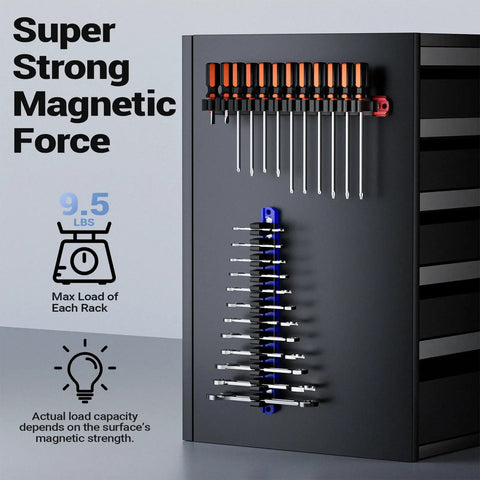 Heavy Duty Magnetic Wrench And Screwdriver Organizer for workshop and garage with magnetic base, showing tool rack attached to metal surface.