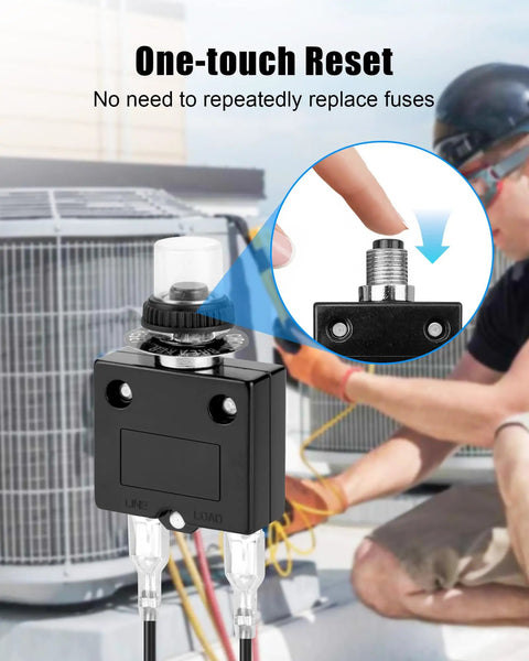 3 Amp Resettable Circuit Breaker Push Button Switch With 18 Awg Lead Wires Hex Nut Mount, showing one-touch reset function.