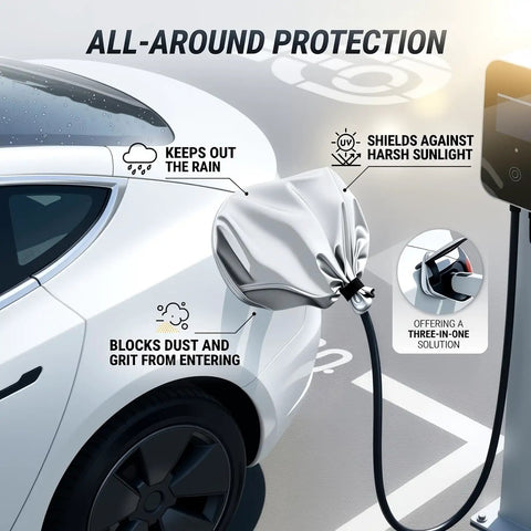 Rock Solid EV Charger Cover With Hella Tough Waterproof Oxford Fabric And Secure Magnetic Strip For Ultimate Outdoor Rain Sun And Durable Weather Barrier on EV connector.