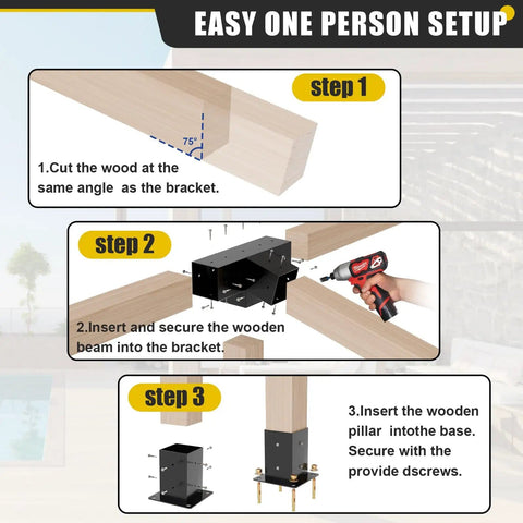 4x4 Woodworks Pergola Brackets Kit With 15 Degree Three Way Brackets 75 Degree Three Way Brackets And Four Posts Heavy Duty Steel Construction With Black Powder Coat Durable Outdoor Slanted Roof Support Kit For Pergolas installation guide