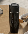 Road Warrior 420ml Portable Water Heater And 12V 24V Travel Kettle straight up reliable black mug with LED display on wooden table