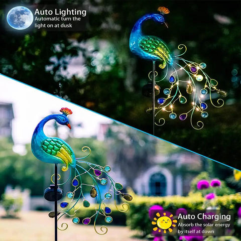 Metal Peacock Solar Garden Lights Stakes, Waterproof Path Lights for Outdoor Patio Lawn Yard Decor with LED Peacock Design
