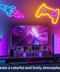 15ft LED Neon Strip Lights With Remote And App Control illuminating a gaming setup with colorful neon rocket and controller shapes