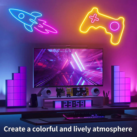 15ft LED Neon Strip Lights With Remote And App Control illuminating a gaming setup with colorful neon rocket and controller shapes