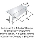 Polished Chrome Edge Pull Cabinet Handle For Flat Panel Cabinets 3 Inch Center To Center 76 mm with dimensions diagram
