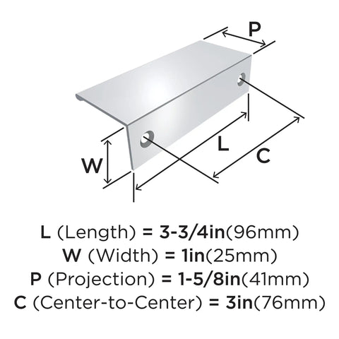 Polished Chrome Edge Pull Cabinet Handle For Flat Panel Cabinets 3 Inch Center To Center 76 mm with dimensions diagram