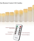 Flameless Battery Operated Real Wax Pillar Candles With 10 Key Remote And 24 Hour Cycling Timer displayed in multiple sizes with remote