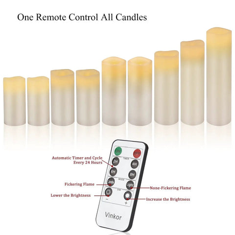 Flameless Battery Operated Real Wax Pillar Candles With 10 Key Remote And 24 Hour Cycling Timer displayed in multiple sizes with remote
