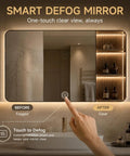 42 Inch Freestanding Single Sink Bathroom Vanity With Defogging LED Mirror Cabinet And Soft Neutral Finish For A Dope Modern Refresh That Hits Different In Your Space showing touch defog feature in bathroom setting.